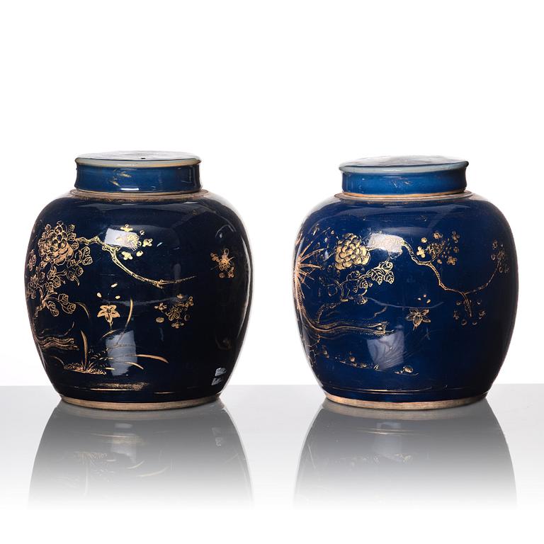 A pair of blue glazed Chinese jars with covers, Qing dynasty, Qianlong (1736-95).