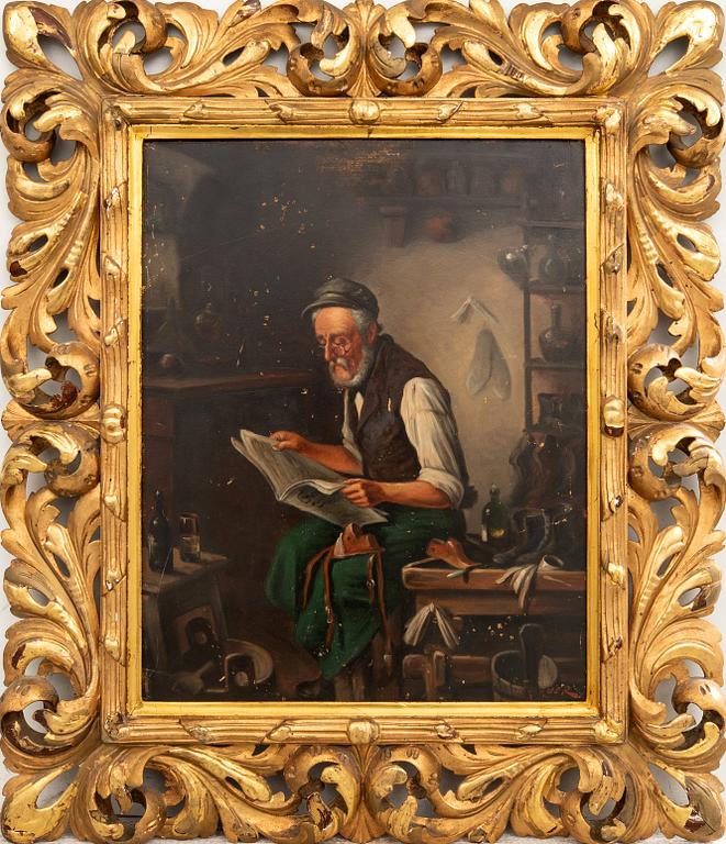 Unknown artist 19th century, Interior with man reading a newspaper.