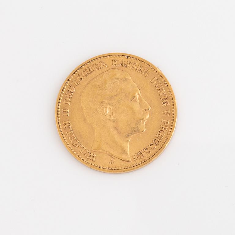 A German goldcoin, 20 mark, 1905.