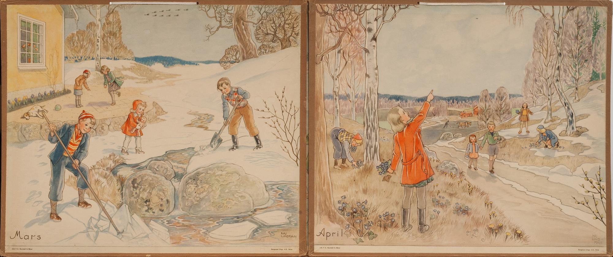 SKOLPLANSCHER, 12 st, Maj Lindman, P.A Norstedt & Söner.