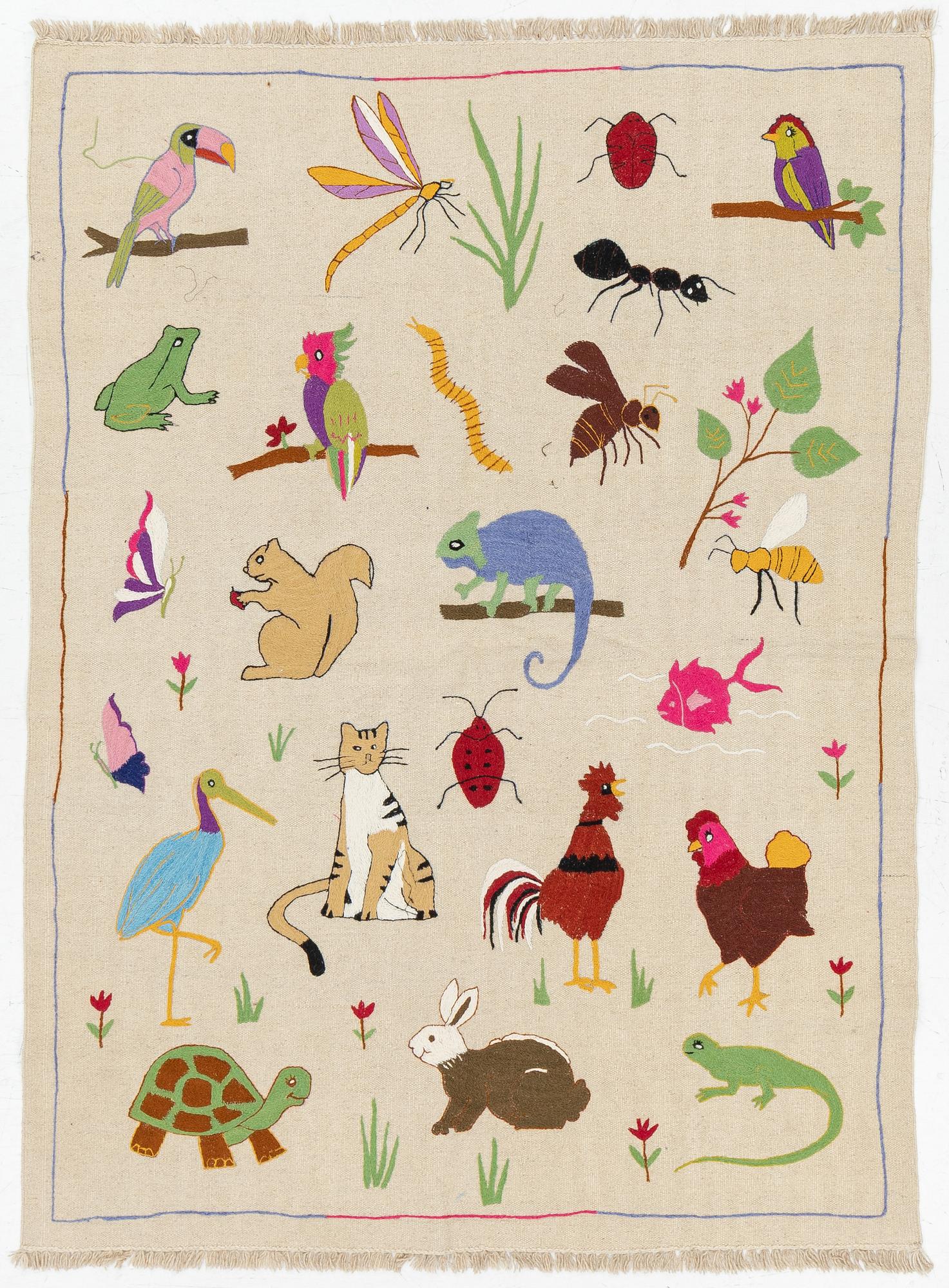 A hand-embroidered Kelim carpet, 202 x 150 cm.