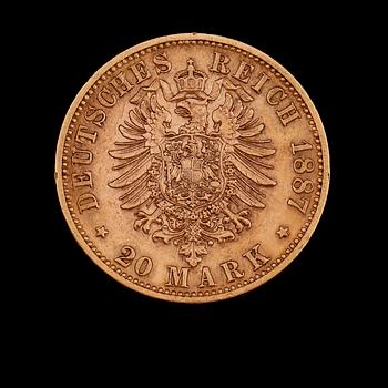GULDMYNT, 20 mark, Kaiser Wilhelm, Preussen, 1887. Vikt ca 8 gram.