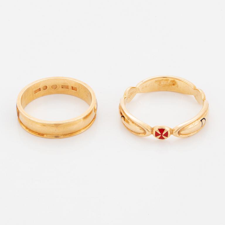 Two rings, 18K gold and enamel.