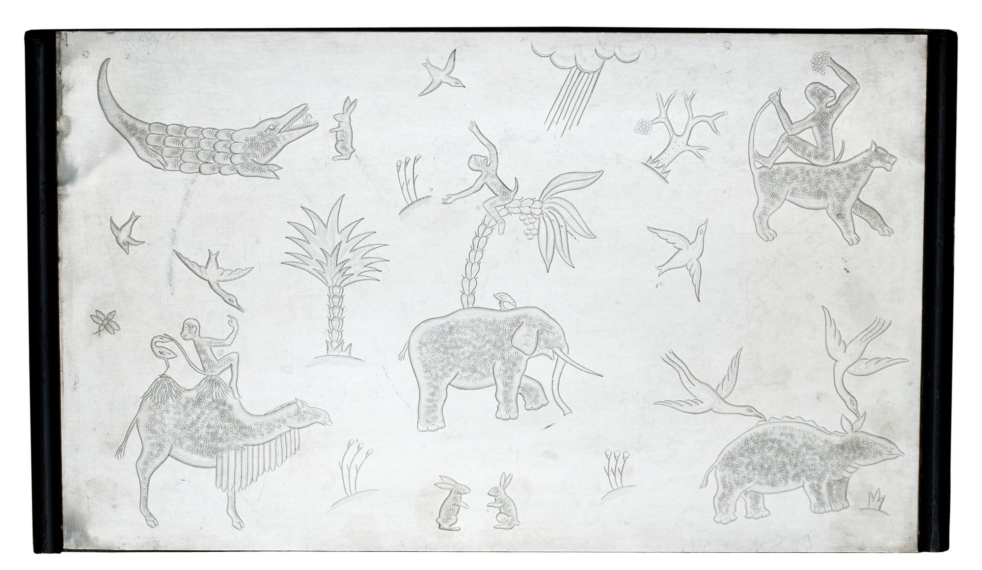 A Nils Fougstedt and Björn Trägårdh set of occasional tables in pewter and black lacquered wood for Svenskt Tenn, circa 1930, the tops with engraved scenes of figures and animals.