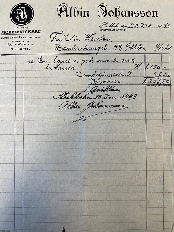 Carl Malmsten, byrå, utförd av snickarmästare Albin Johansson, Stockholm, 1943.