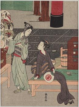 SUZUKI HARUNOBU (1724/25-70), efter, color woodblock print. Japan, presumably 20th century.