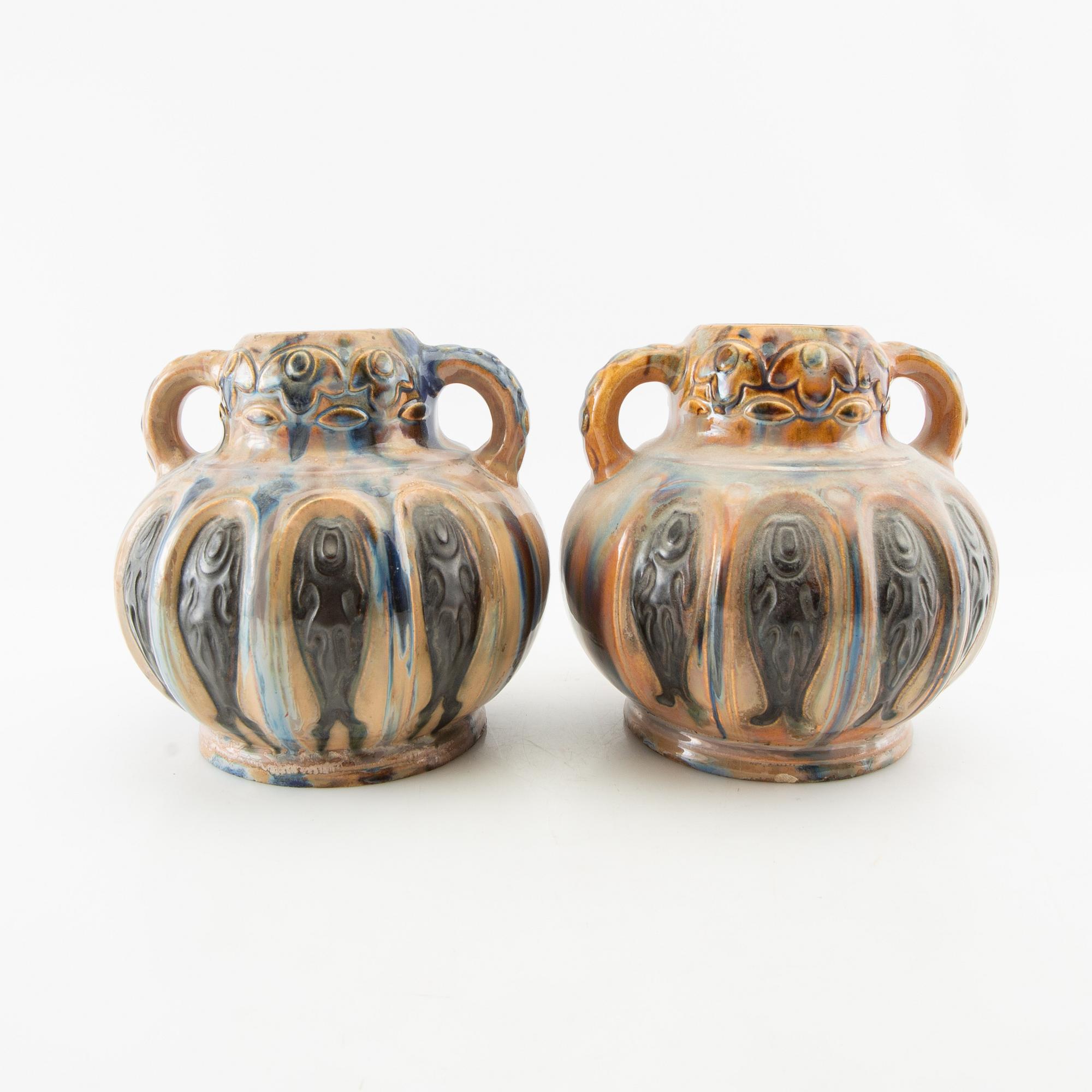 Vases a pair of Jugend early 20th century probably Denmark glazed stoneware.
