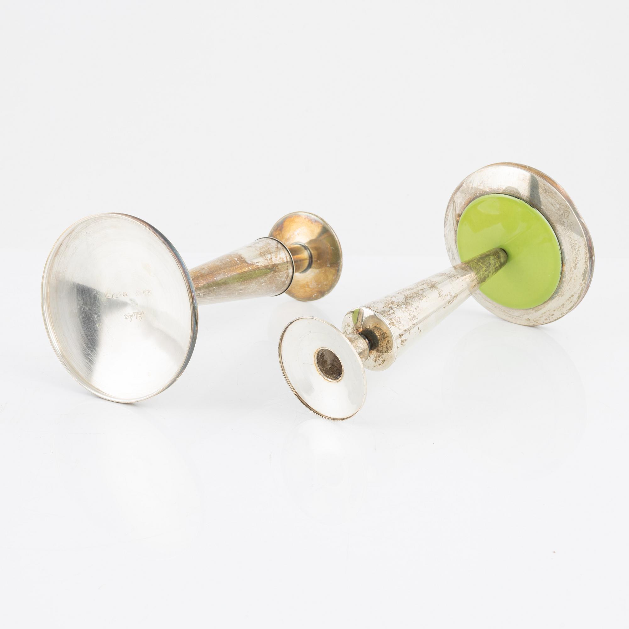 Sebastian Schildt, a pair of sterling silver and enamel candlesticks, 2001.
