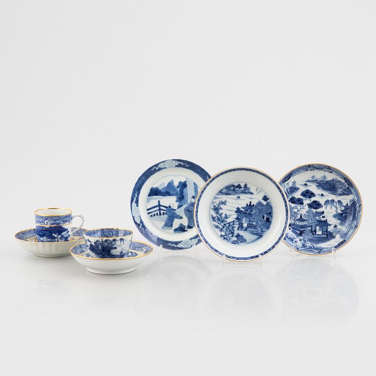 Three small porcelain plates and a cup with saucer, China, 18th century, and an English 19th century cup with saucer.