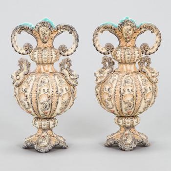 A pair of Austrian majolica vases, Wilhelm Schiller & Son, late 19th century.