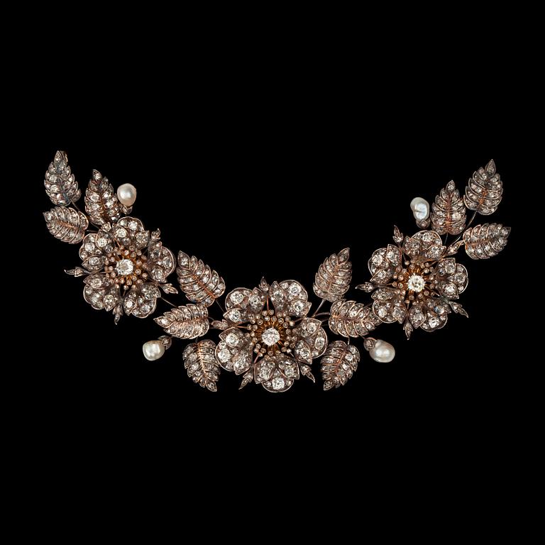 A diamond and natural pearl tiara, made into a necklace. Frame not included. Circa 1870.