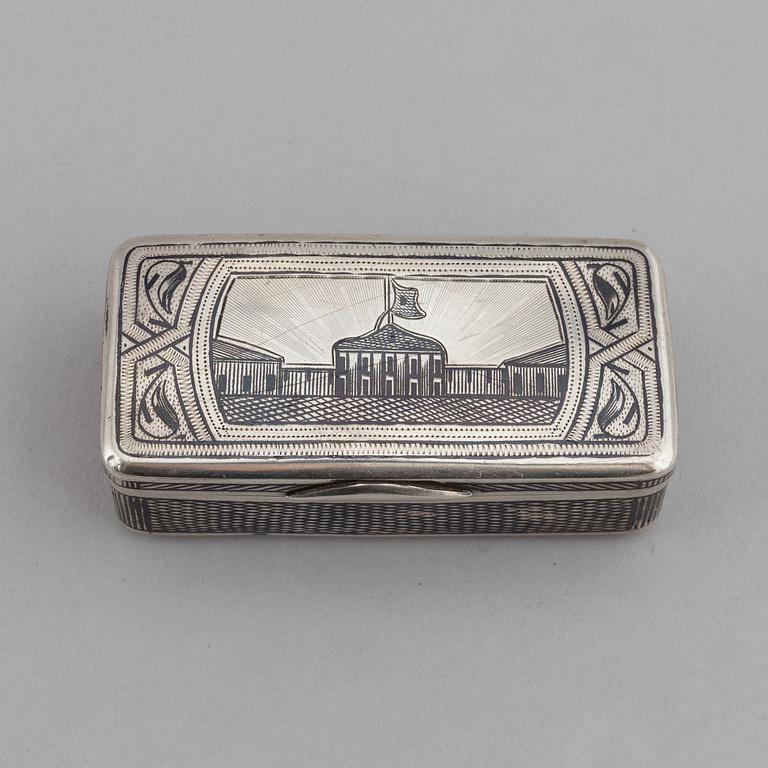 A Russian parcel-gilt silver niello box, unidentified makers mark, Moscow 1888.