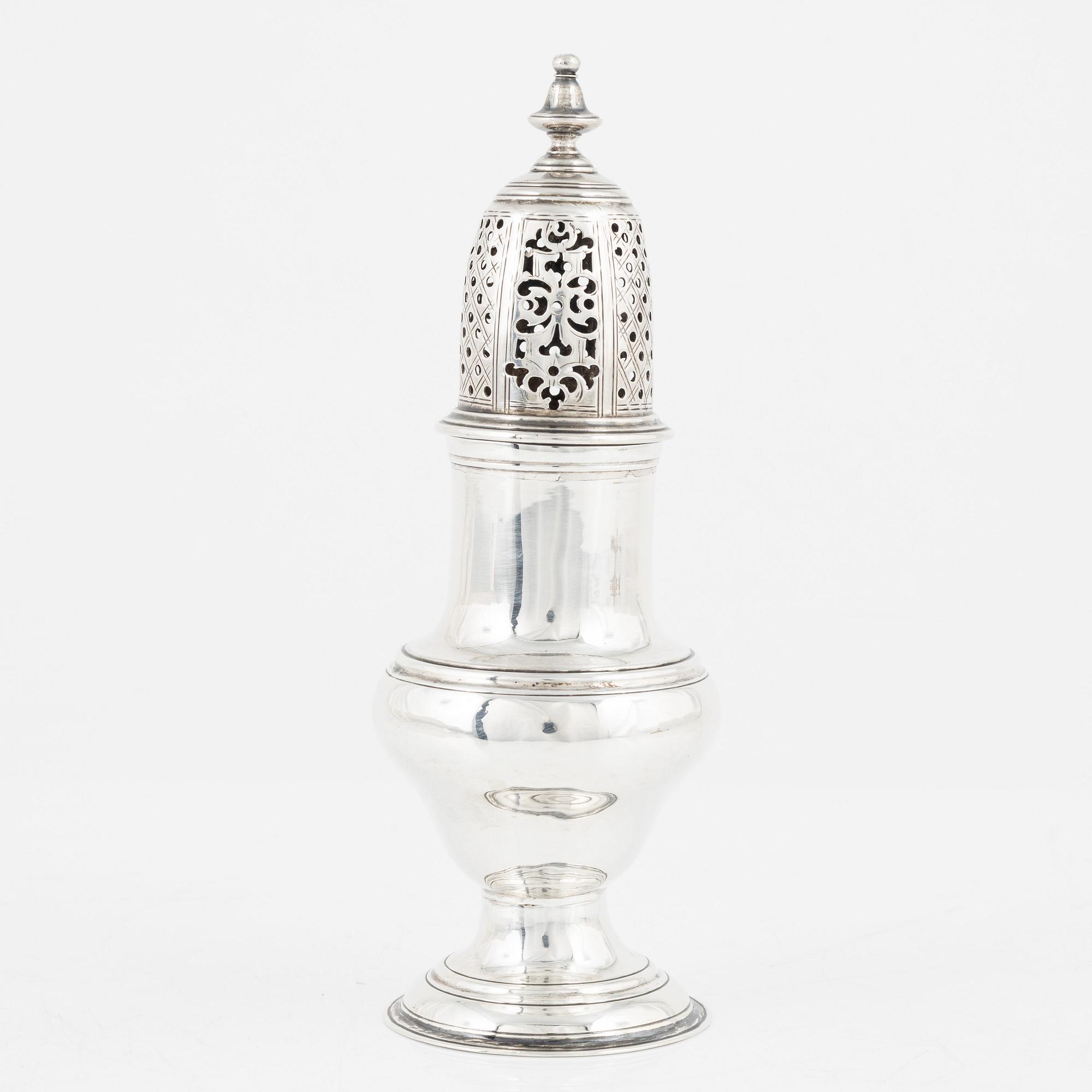 An English silver sugar shaker, marks of Benjamin Mordecai, London 1781.