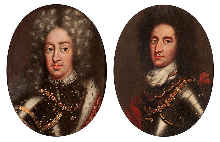 Man's portrait in wig and armor, a pair.
