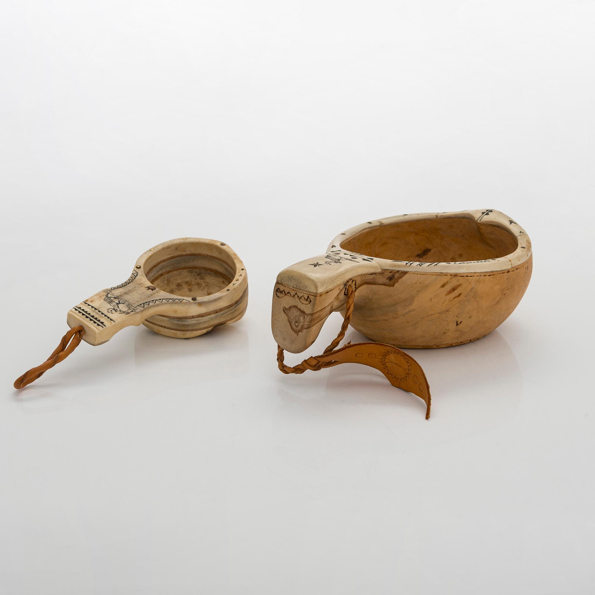 A two piece set of masur birch guksi /cups marked VE, Wilhelm Eriksson, Flakaberg, Sweden.