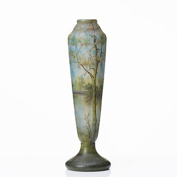 Daum, an Art Nouveau enamel painted cameo glass landscape vase.