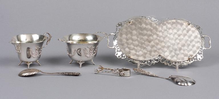 PARTI SILVER, 6 delar, silver, nyrokokostil, bl a GEWE, Malmö, 1955. Ca 350 g.
