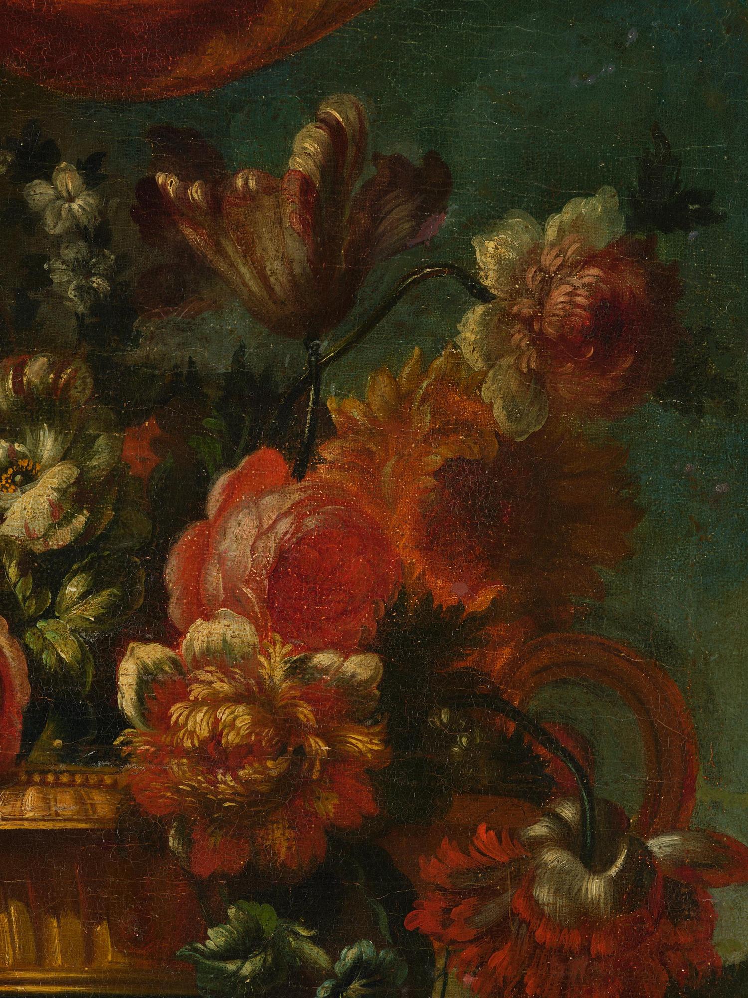 Pieter Casteels III, follower of, Wall panels, a pair, Flower urns with a parrot and a monkey respectively.