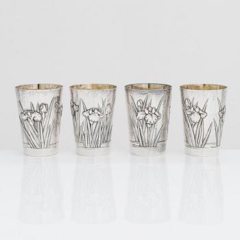 A set of four silver beakers, maker's mark of Musashiya, Yokohama. Late Meiji, early 20th century.