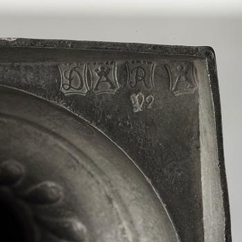A pair of late Gustavian pewter candelsticks by Daniel Rising, Åbo 1797.
