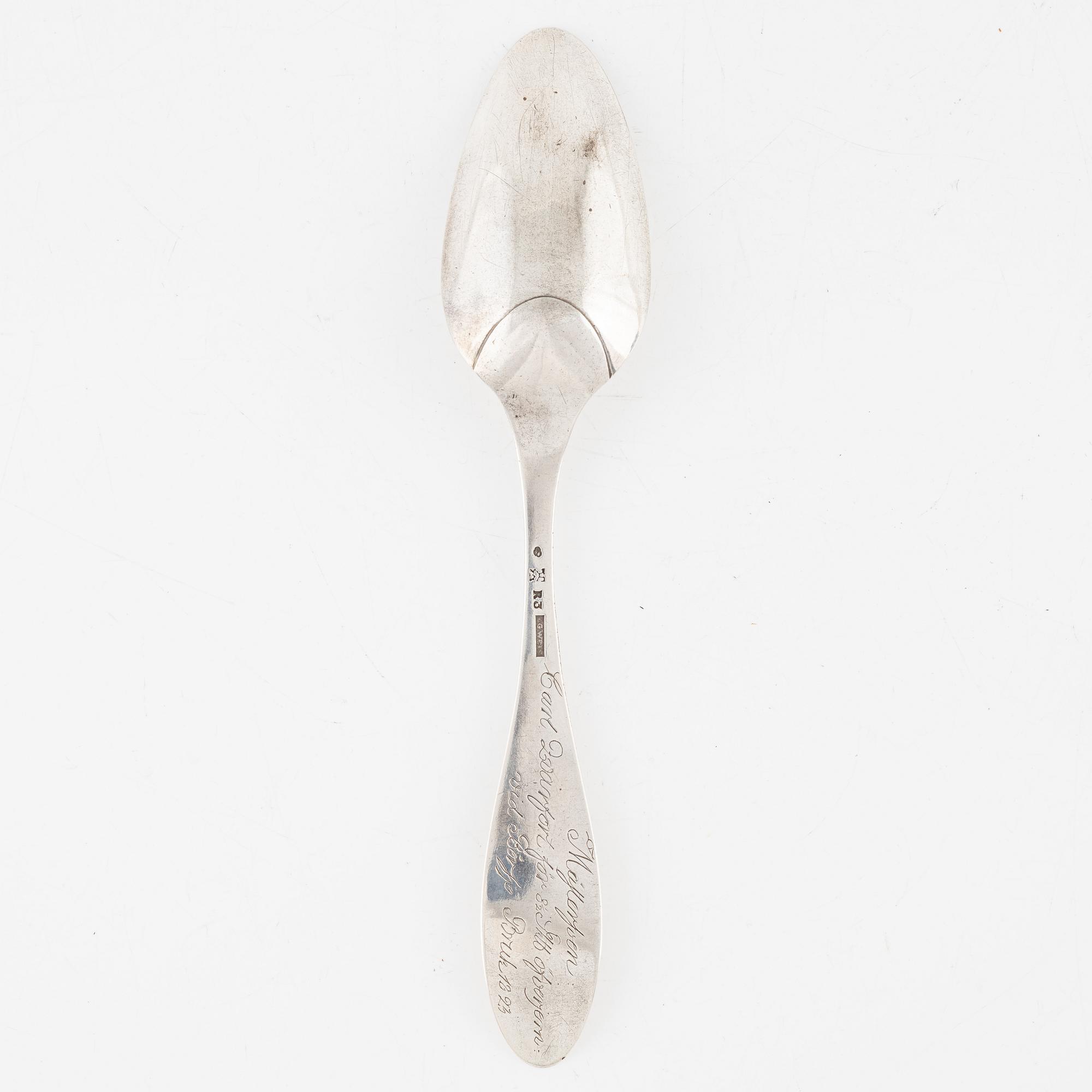 A Swedish Silver Spoon, rewarded at Börsjö Bruk 1823, mark of Lorenz Georg Weis, Norrköping 1823.