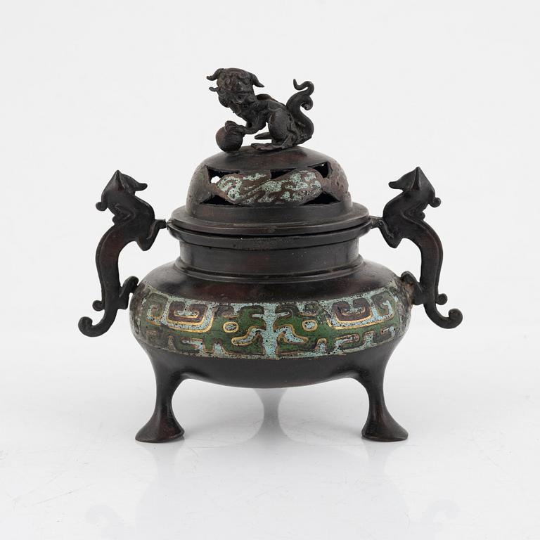 A Chinese bronze and cloisonné censer with cover, Qing dynasty, 19th century.