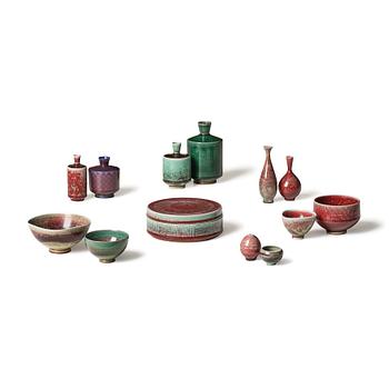 63. Berndt Friberg, a set of 7 stoneware vases, 5 bowls and a box, Gustavsberg Studio, Sweden, ca 1962-68.