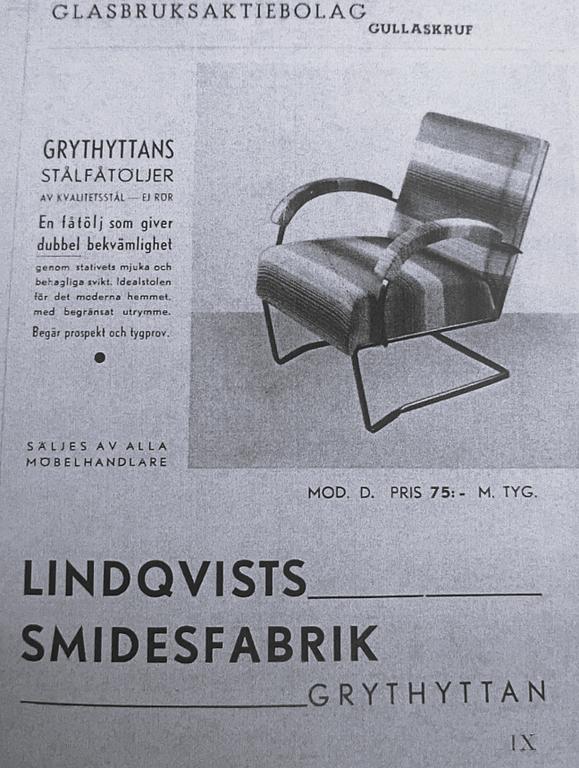 Arthur Lindqvist, a rare pair of armchairs model "D", Lindqvists Smidesfabrik, Grythyttan, 1930s.