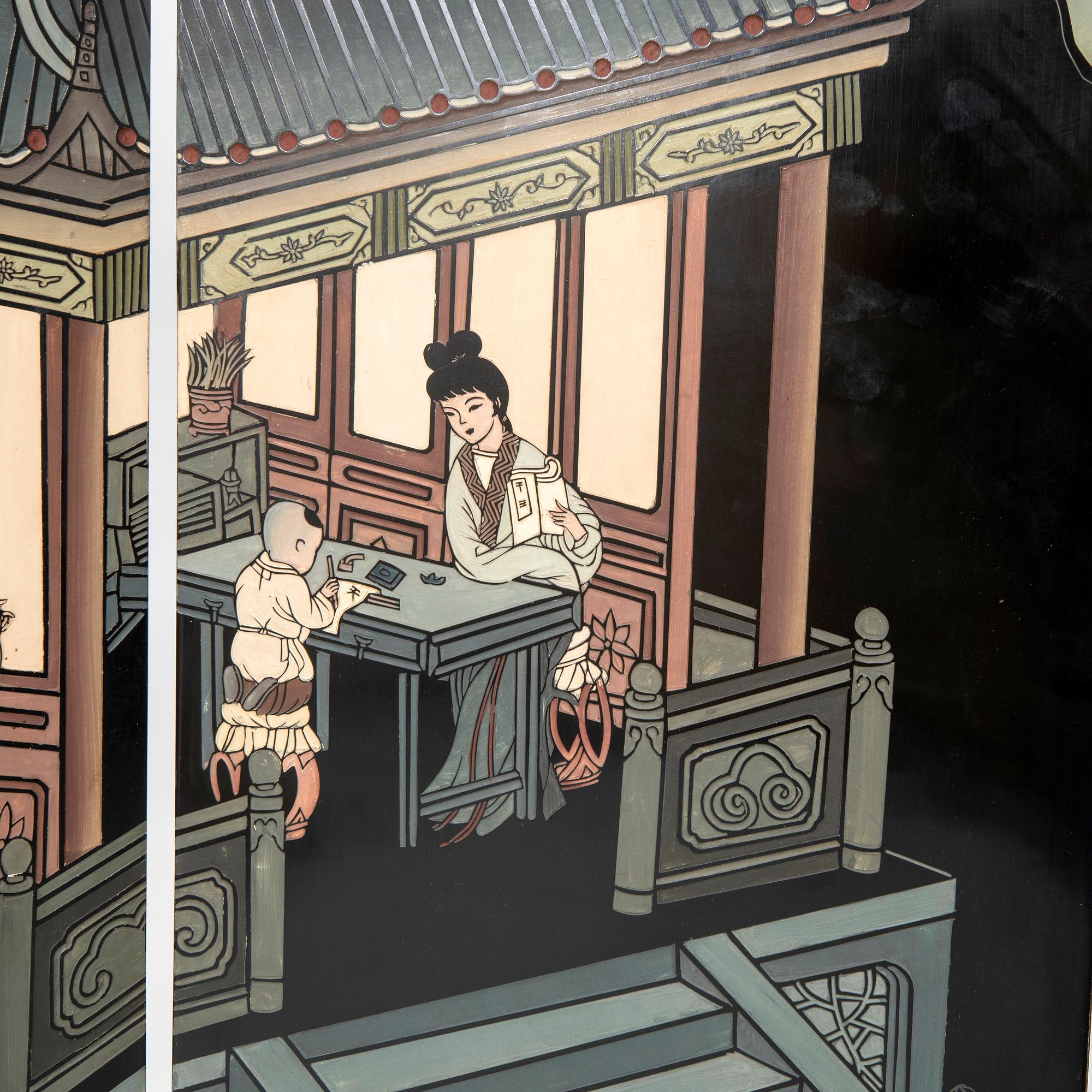 A Japanese lacquer folding screen 20th century.