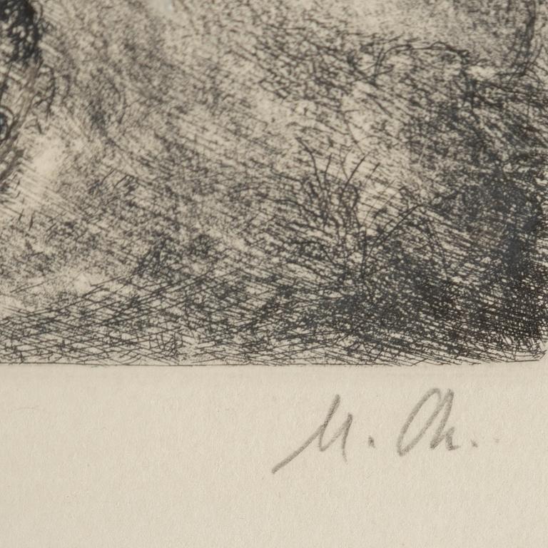 MARC CHAGALL, Etching with hand coloring, 1931-39,  signed and numbered 75/100.