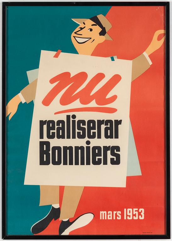 REKLAMAFFISCHER, två stycken, Bonniers tryckeri, 1949 resp. 1953.