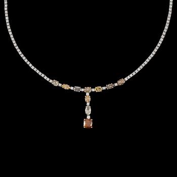 A diamond necklace tot. 16.51 cts with fancy coloured diamonds of different cuts and btilliant cut diamonds.