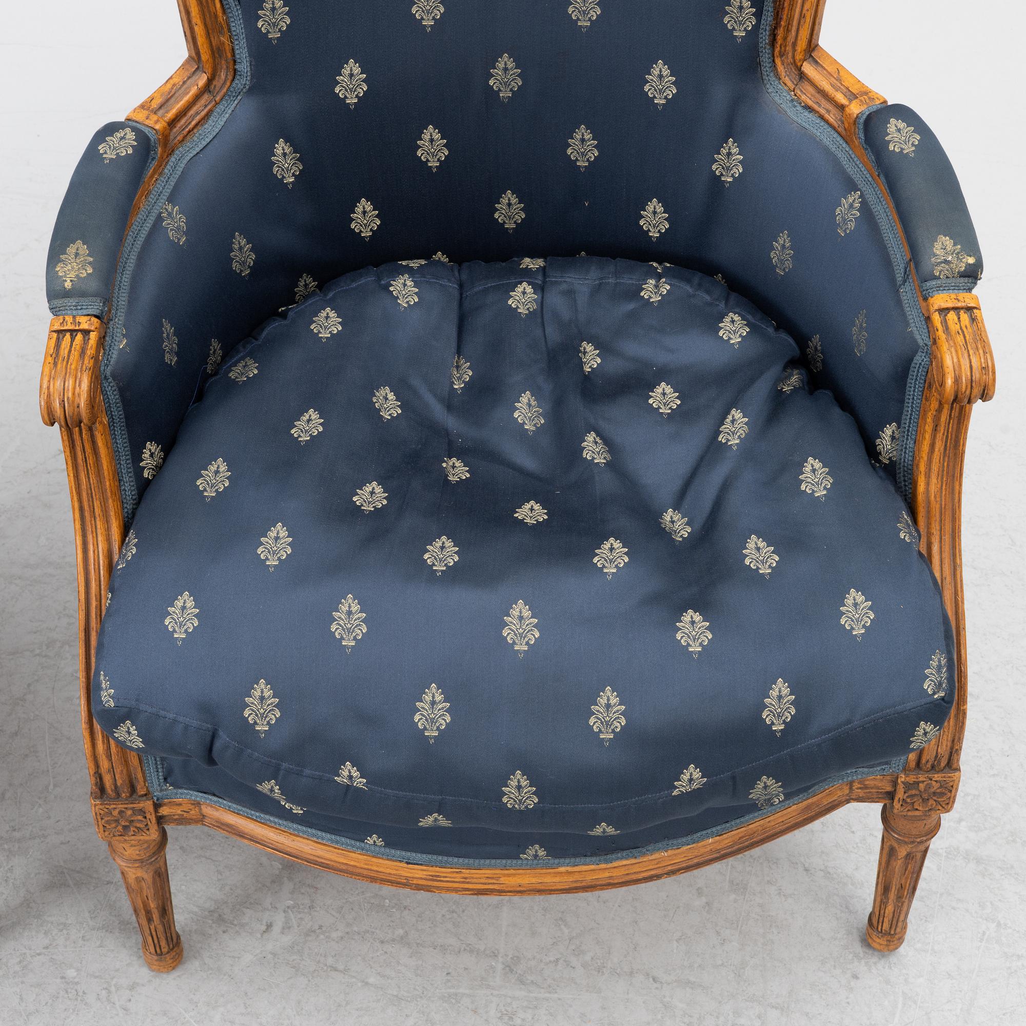 Fåtöljer, 3 st, Louis XVI-stil, Frankrike, 1800-talets slut.