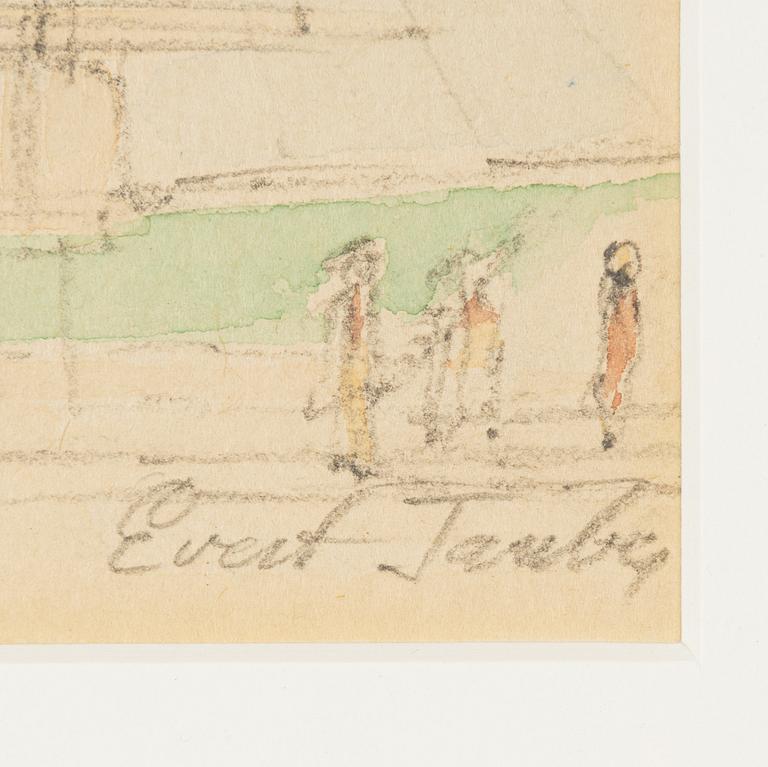 Evert Taube, teckning med akvarell signerad.