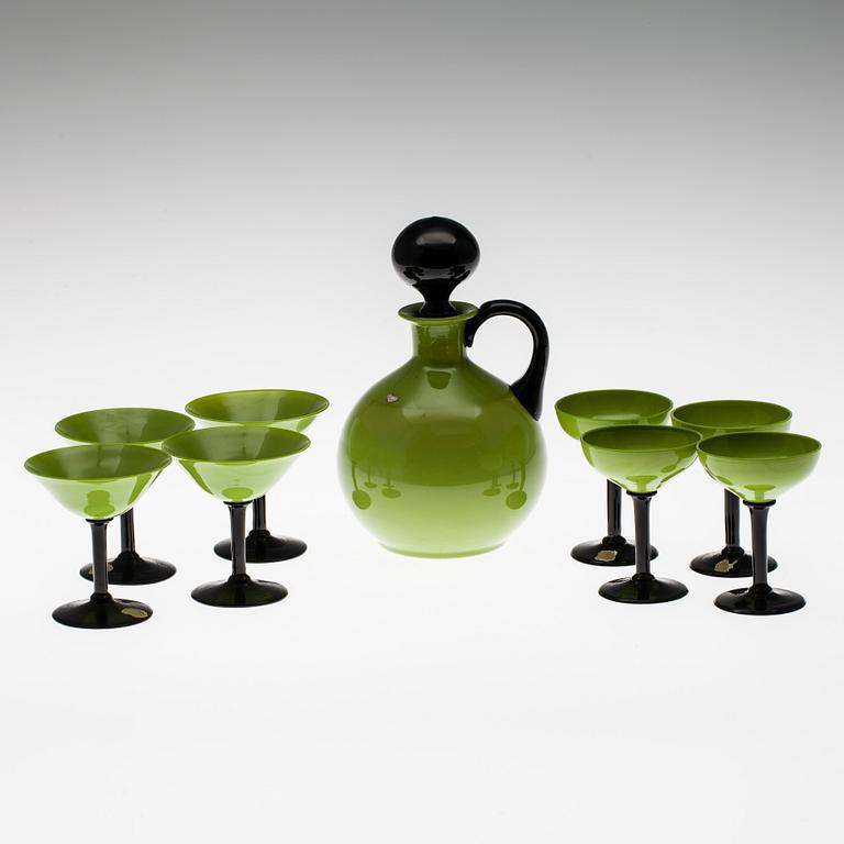 KARAFF samt LIKÖRGLAS PÅ FOT, 4+4 st, Åfors Glasbruk, 1930-tal.