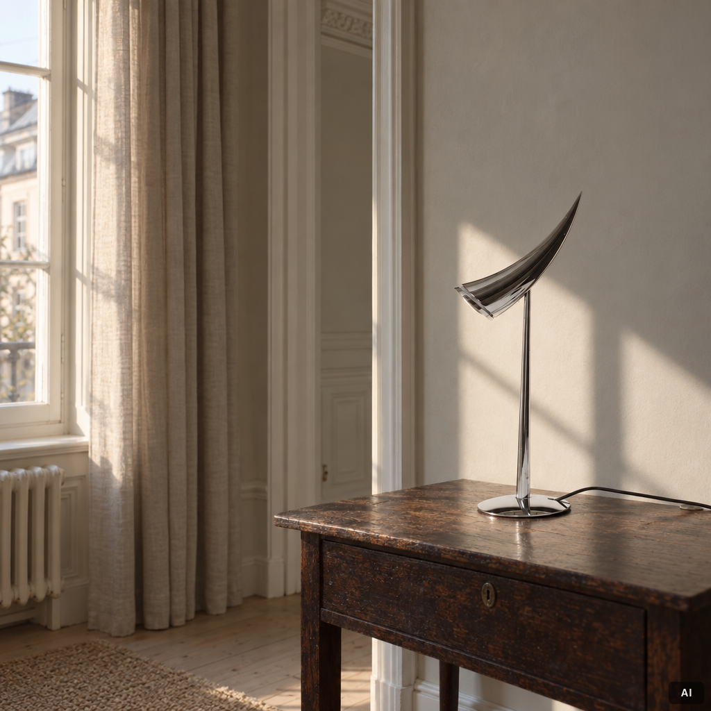 Philippe Starck, Bordslampa "Ara" av förkromad metall. Flos, Etikettmärkt.