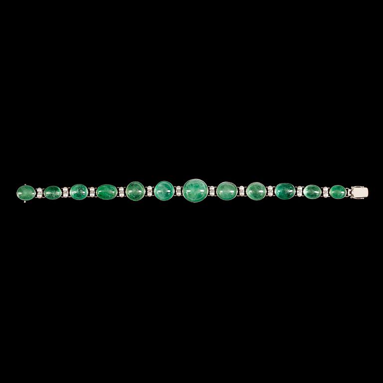 A cultured pearl and cabochon-cut green beryl bracelet.