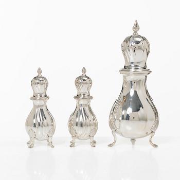 Sugar caster and salt and pepper shakers, silver, marked C.G. Hallberg, including Stockholm 1948.