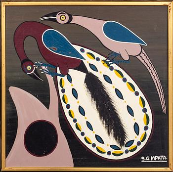 An 1970:s Seymond George Mpata so called Tingatinga- painting, bicycle paint on masonite, signed.