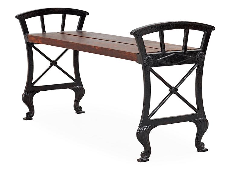 A Folke Bensow black lacquered cast iron and wood park bench, Näfveqvarns Bruk.