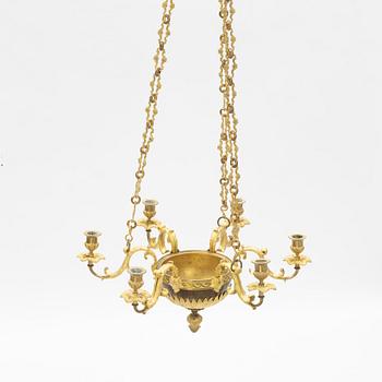 An Empire ormolu six-light hanging chandelier, first part of the 19th Century.