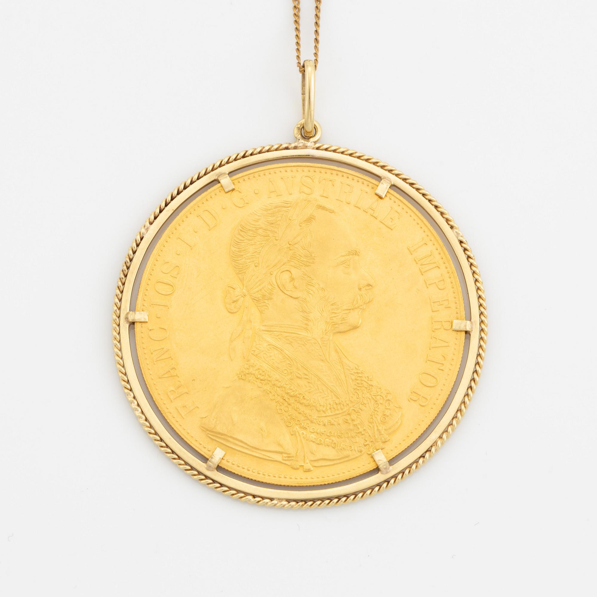 Hängsmycke med mynt, 23K guld, samt mynt, 23K guld, Österrike-Ungern, 1915.
