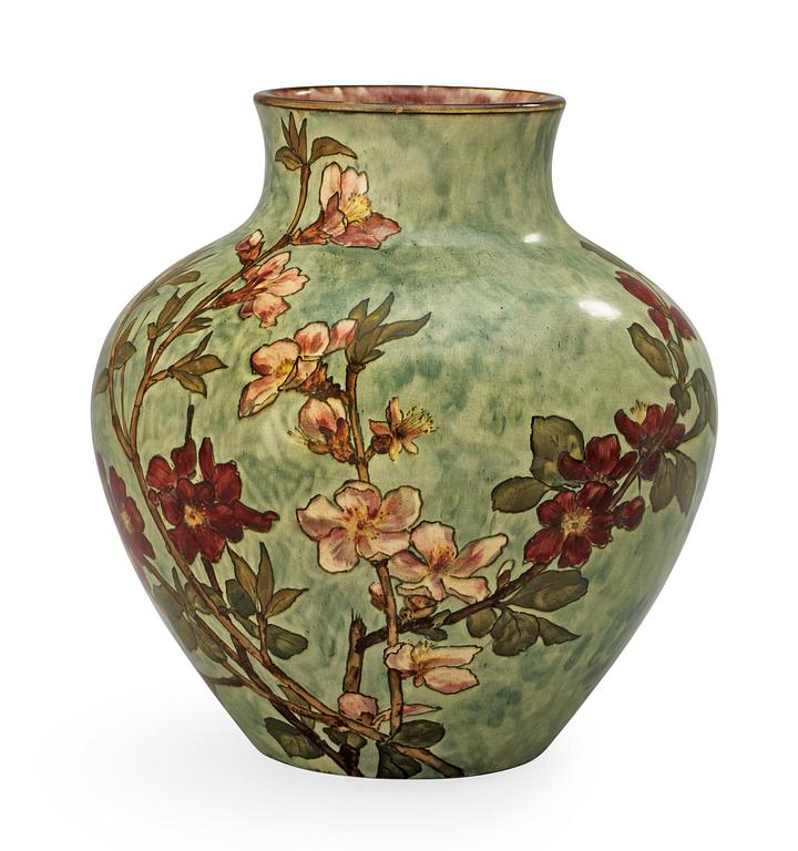 A John Bennett art pottery vase, painted with cherry blossom branches, New York 1880.