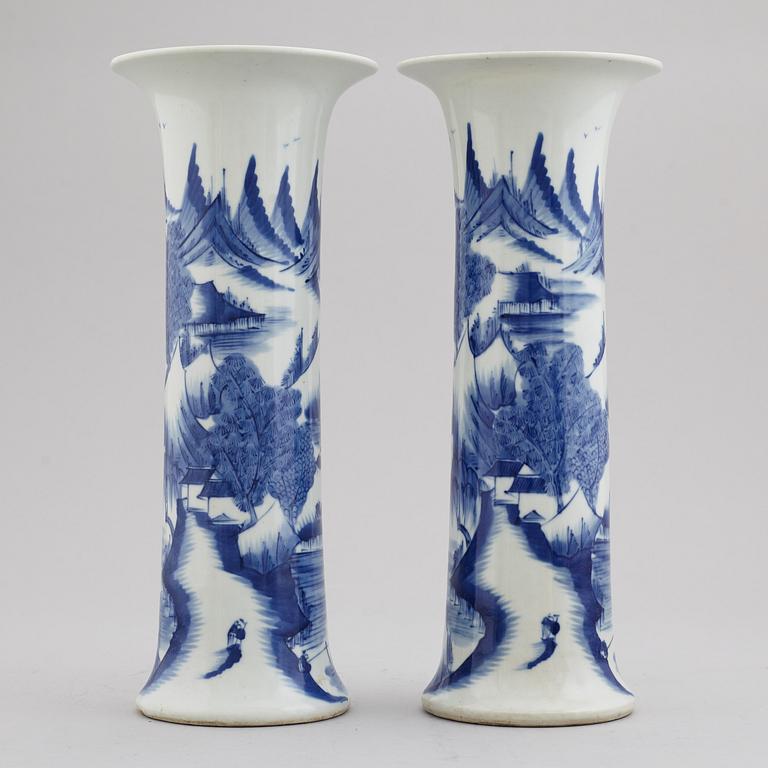 A pair of blue and white trumpet shaped vases, China, 20th Century.