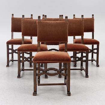A Baroque-style dining table with six chairs, around 1900.