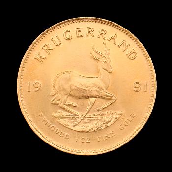 GULDMYNT, finguld, Krugerrand, Sydafrika, 1981. Vikt ca 34 g.