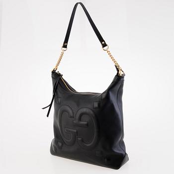 GUCCI Apollo Embossed GG Black Leather Shoulder Bag.