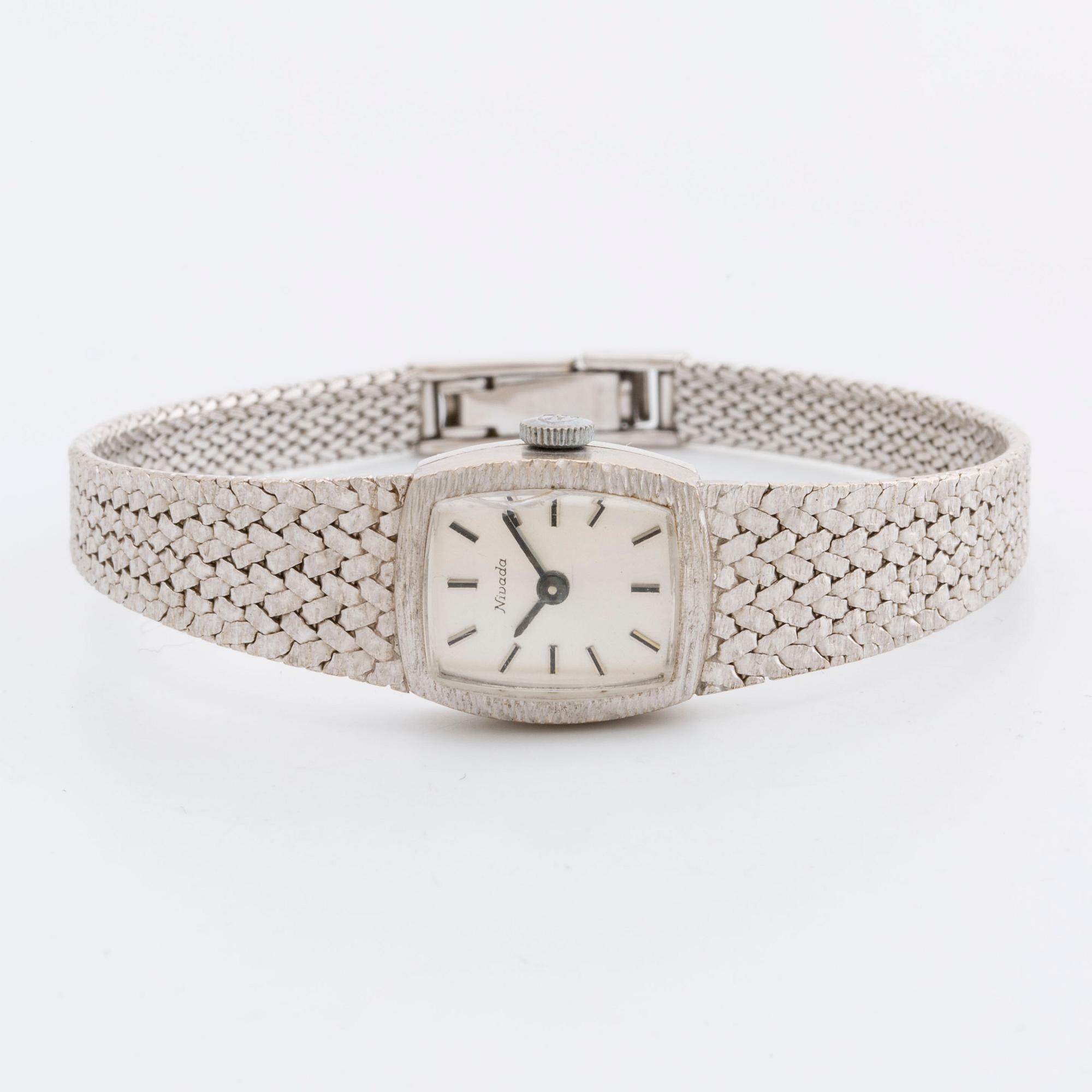 DAMARBANDSUR MOWADO, 18K vitguld, 15 x 17 mm, manuellt verk.