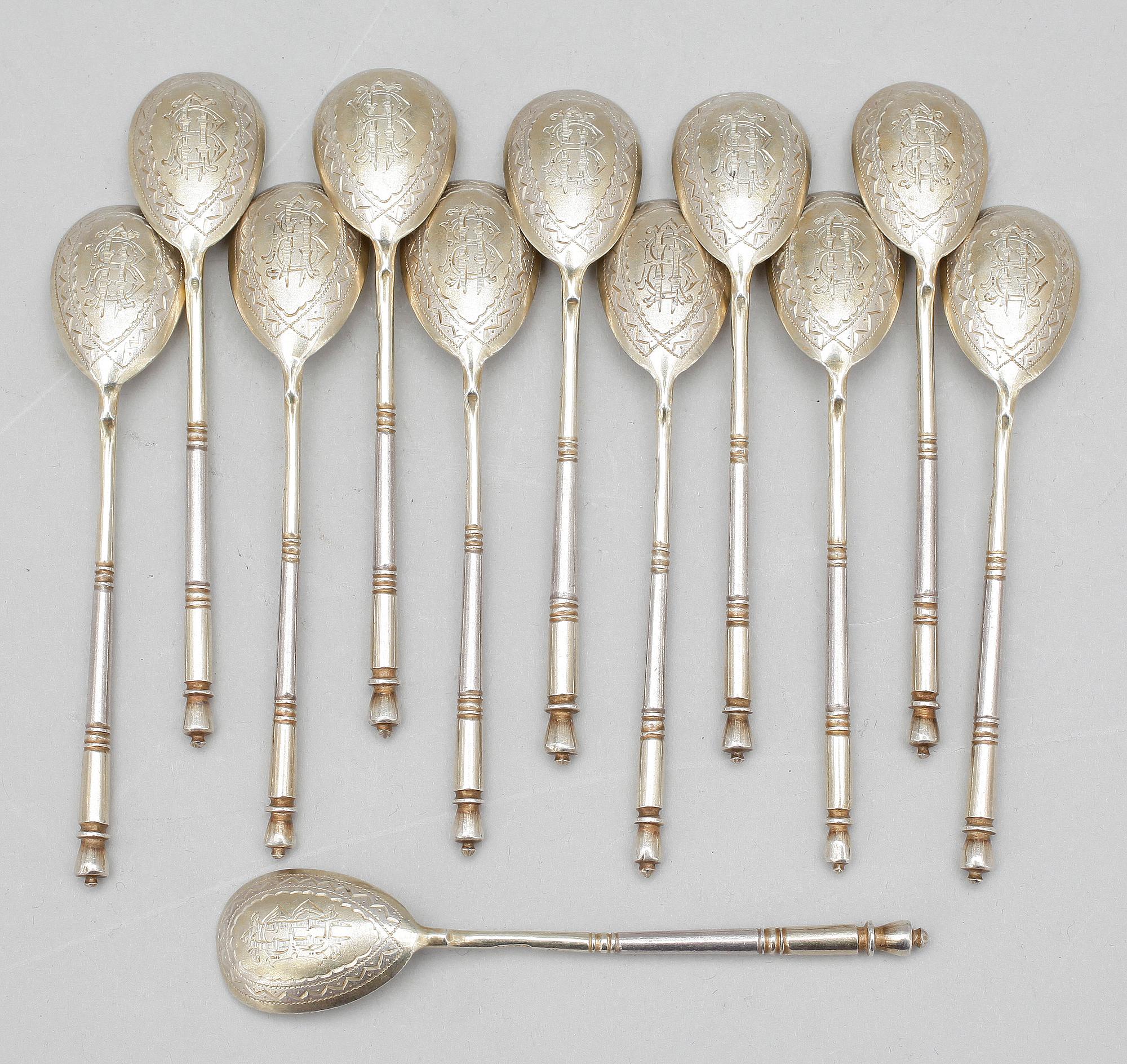 MOCKASKEDAR, 12 st, silver, Ryssland, 1800/1900-tal, total vikt ca 171g.