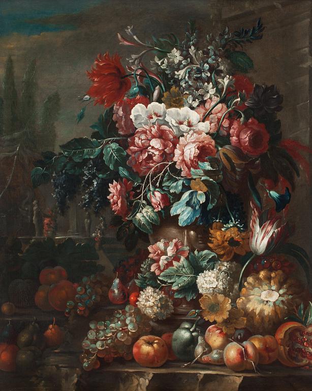 Nicola Malinconico Hans krets, Stilleben med blommor, frukter och kaniner.